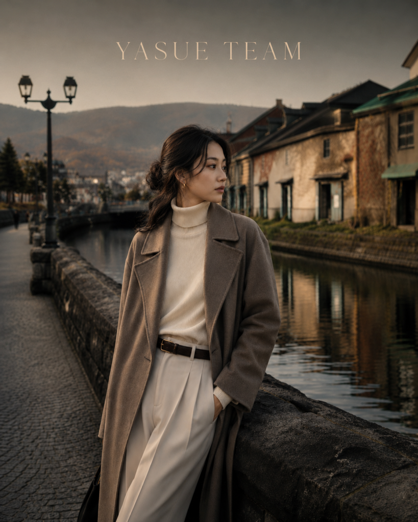 小樽運河を背景に佇む女性とYASUE TEAM|小樽 美容室